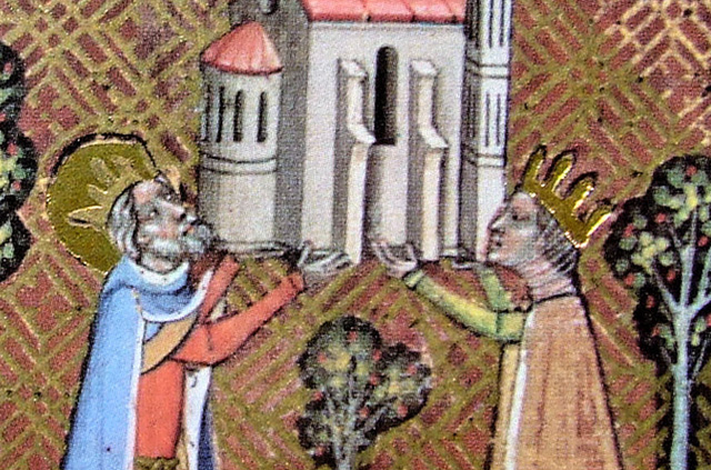 I. (Szent) István és (Boldog) Gizella megalapítja Péter és Pál templomát Óbudán, 1358 (Fotó: Képes krónika/OSZK)