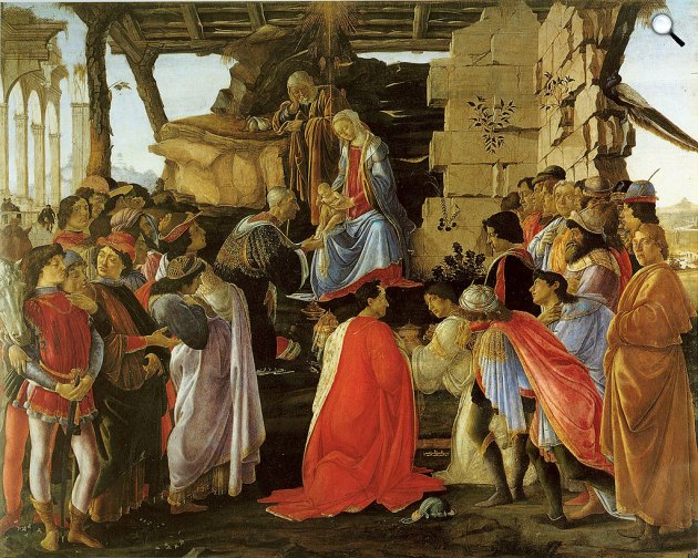 Botticelli: A Mágusok imádása, 1476 - A Medici család több generációját és megtartóit foglalja magában. A tizenhat éves Lorenzo balra van a lovával, mielőtt diplomáciai küldetésre indul Milánóba (Fotó: Wikimédia)