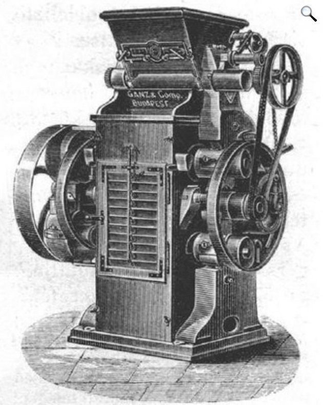 A Ganz gyár Mechwart András által tervezett hengerszéke, 1874 (Fotó: Sitkei Gyula: A magyar elektrotechnika nagy alakjai/Energetikai Kiadó)