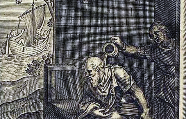 Xanthippe kiüríti a kamraedényt férje, Szókratész feje fölött (Fotó: Wikimedia)