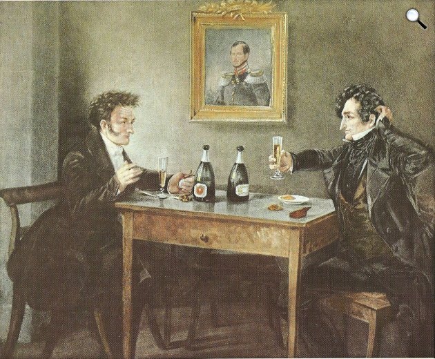 E. T. A. Hoffmann író, zeneszerző Ludwig Dewrient német színész társaságában a berlini Lutter und Wegener borozóban (Fotó: Pinterest)