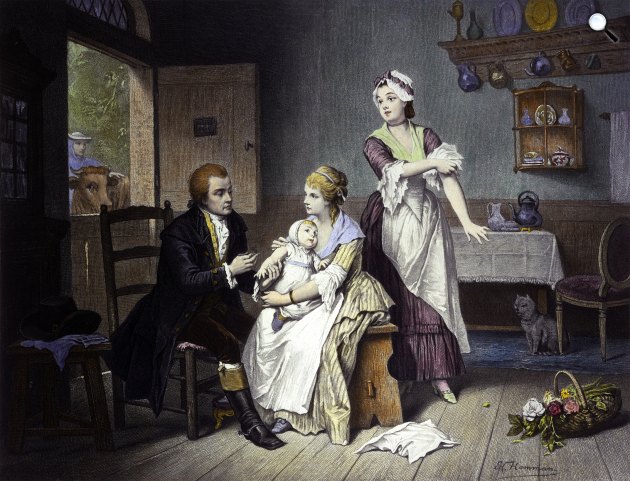 EJC Hamman, utána: C. Manigaud metszete: Edward Jenner beoltja kisgyermekét, akit felesége, Mrs. Jenner tart (Fotó: Wellcome Library/Wikimedia)