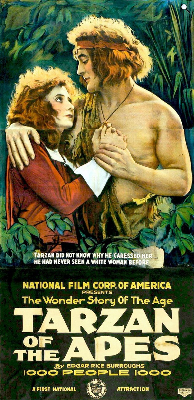 Tarzan, a majomember - Elmo Lincoln és Enid Markey, 1918-as némafilm plakátja (Fotó: First National Pictures/Wikimedia)