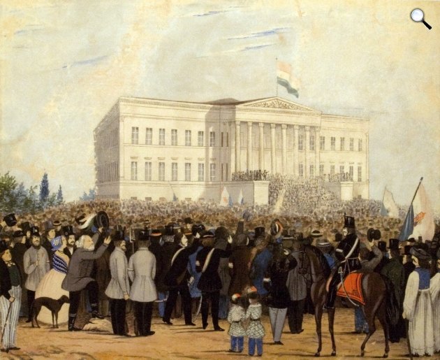 Gyűlés a Nemzeti Múzeum előtt, 1848. március 15. (Fotó: BTM/Wikimedia)