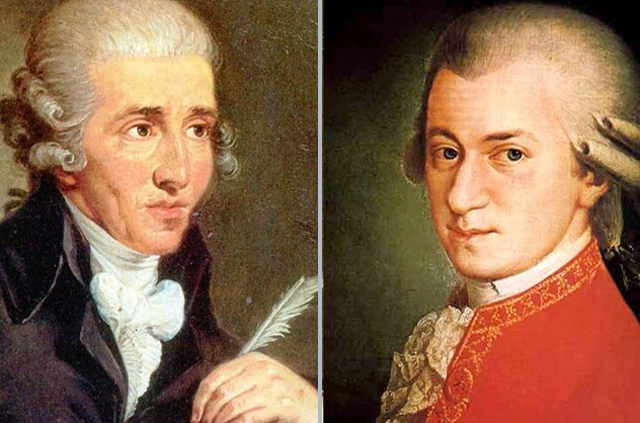 Franz Joseph Haydn (1732-1809) zeneszerző, Barbara Krafft: Wolfgang Amadeus Mozart (1756-1791) zeneszerző (Fotók: Wikimedia)