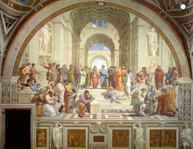 Raffaello Sanzio: Az athéni iskola, freskó, 1511 (Fotó: Vatikáni Múzeum/Wikimedia)