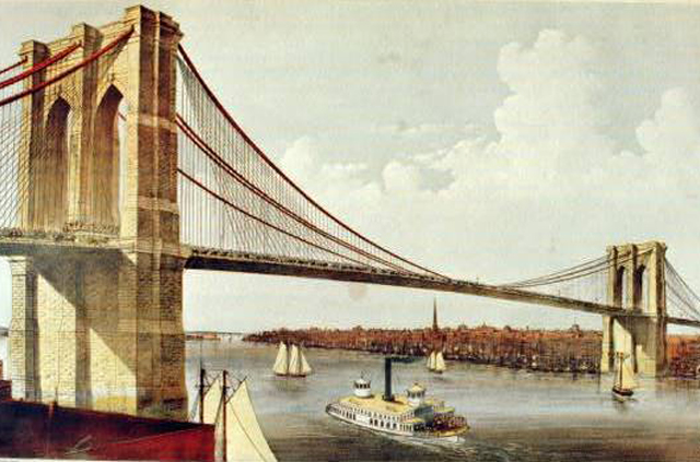 Brooklyn híd, New York, képeslap (Fotó: Currier&Ives/Wikimedia)
