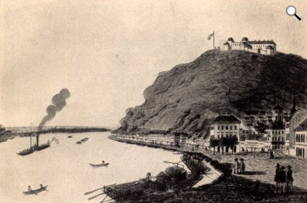 A gellérthegyi egyetemi Csillagda. A kutatóhely a szabadságharc alatt - Buda ostromakor - olyan súlyosan megrongálódott, hogy 1849-ben be kellett zárni., 1813 (Fotó: V. Reim rézkarca/OSZK)