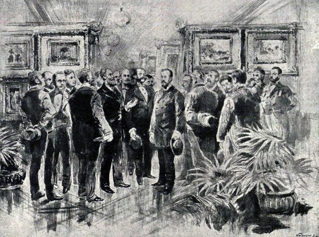 A Nemzeti Szalon megnyitása Eötvös Loránd közoktatásügyi miniszter vezetésével (Fotó: Kimnach László/Vasárnapi Ujság/OSZK)