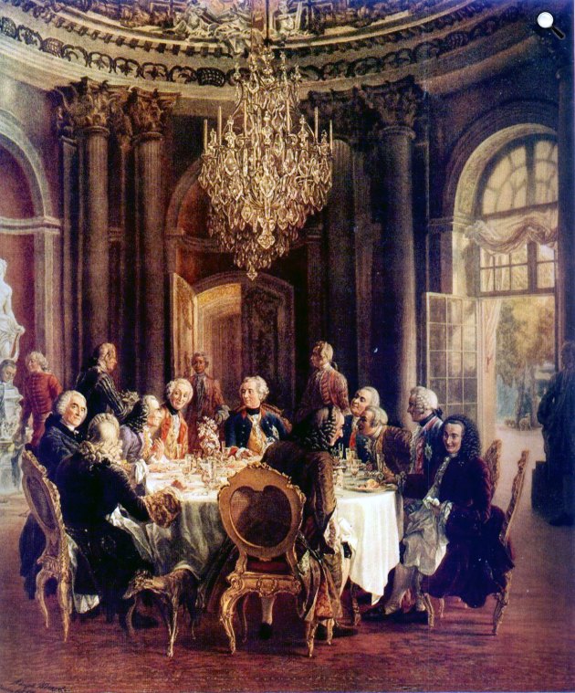 Adolph von Menzel: II. Frigyes porosz király kerekasztala Sanssouciban, 1850, elveszett festmény (Fotó: Wikimedia)