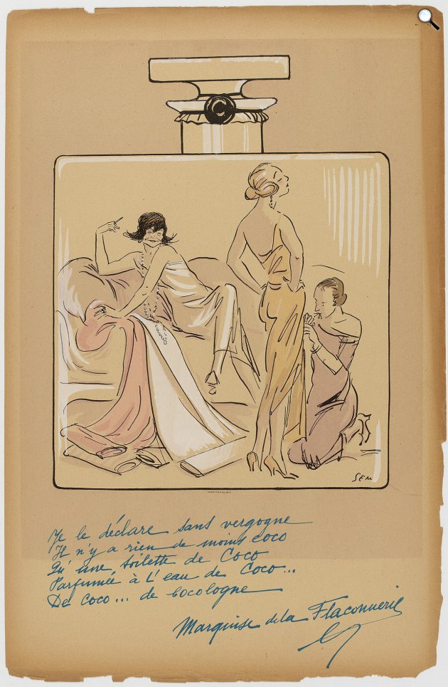 Sem (Georges Goursat): Coco Chanel parfüm a Le Nouveau Monde albumban, 1923 (Fotó: Paris Musées/Wikimedia)