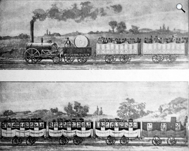 Európa első személyszállító kocsija, George Stephenson gőzmozdony , Liverpool és Manchester között járó személyvonat, 1830 (Fotó: Wikimedia)
