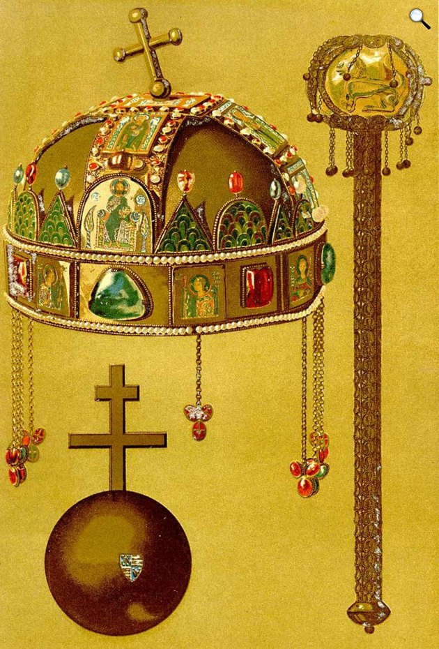A magyar koronázási jelvények A Pallas nagy lexikona X. kötetében, 1895 (Fotó: arcanum.hu)