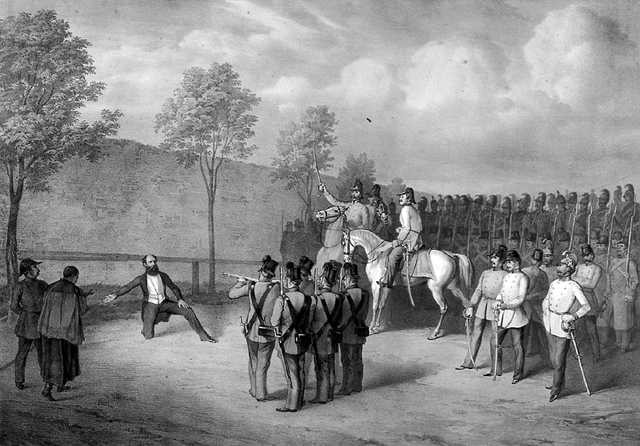 Gróf Batthyány Lajos (1807-1849) első magyar felelős kormány miniszterelnökének kivégzése, 1949 (Fotó: Denkey/Wikimedia)
