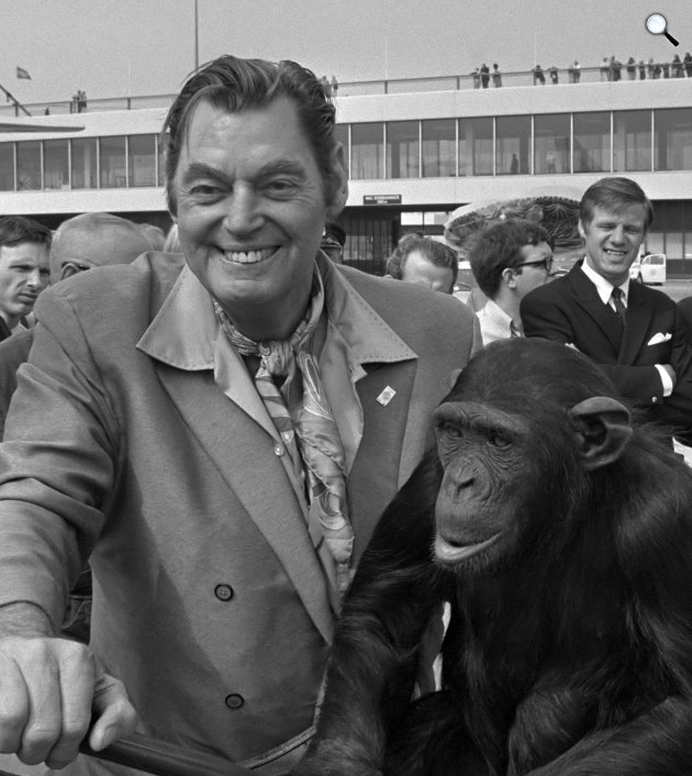 Johnny Weissmüller (1904-1984) ötszörös olimpiai bajnok úszó, Tarzan megformálója és Csita majom 1970 (Fotó: Joost Evers/Anefo/Wikimedia)