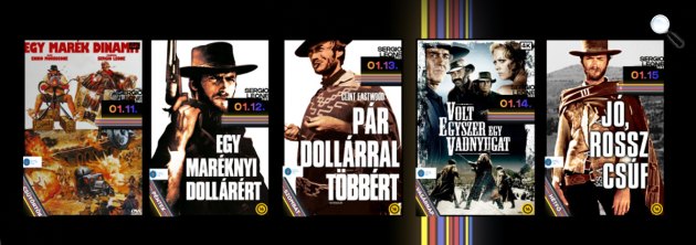 Sergio Leone filmjei - Egy marék dinamit; Egy maréknyi dollárért; Pár dollárral többért; Volt egyszer egy vadnyugat; A Jó, a Rossz és a Csúf c. filmek plakátjai, Art+ Cinema (Fotó: Pannonia Entertainment)