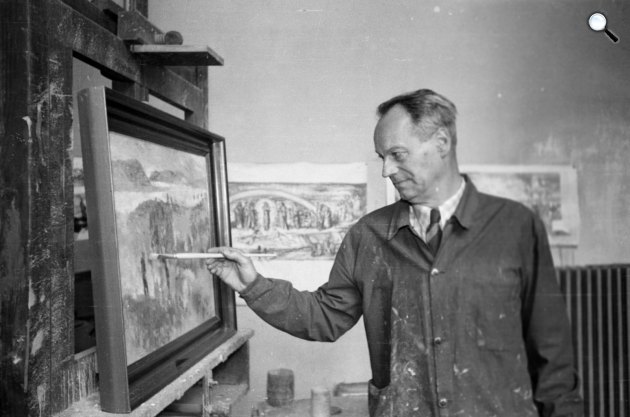Szőnyi István festőművész a házában található műtermében, alkotás közben, 1950 (Fotó: Fortepan/Bojár Sándor)