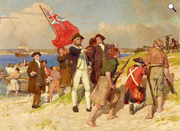 E. Phillips Fox: James Cook hadnagy partraszállása 1770. április 29-én, 1902 (Fotó: Victoria National Galler/Wikimediay