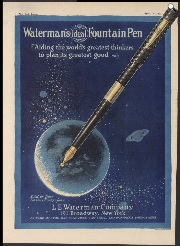 Lewis Edison Waterman (1836-1901) amerikai feltaláló Ideal töltőtollának hirdetése a New York Tribune-ben, 1919 (Fotó: Wikimedia)