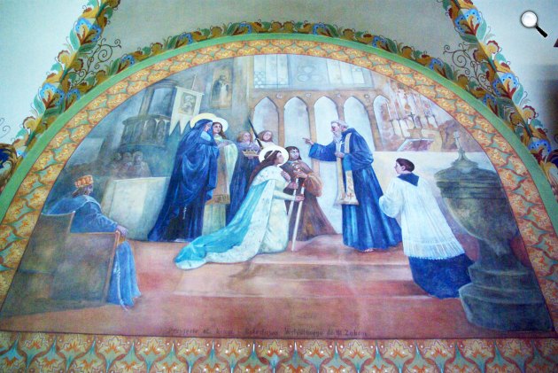 Lengyel (Magyar) Kinga és V. Boleslaus lengyel király a Sanoki Ferences templom Assisi Szt. Ferencről elnevezett hajó freskóján (Fotó: Wikimedia)