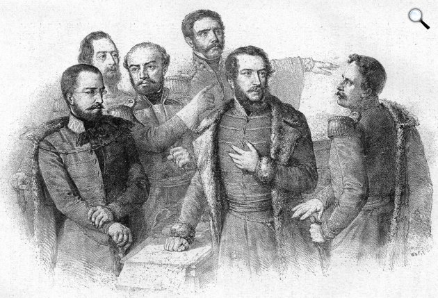 Görgey Artúr (1818-1916), Perczel Mór (1811-1899), Bem József (1794-1850), Dembinsky Henrik (1791-1864), Kossuth Lajos (1802-1894), Aulich Lajos (1793-1849) egy csoportképen a 19. századból (Fotó: OSZK)