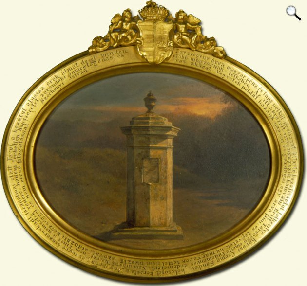 Kőrösi Csoma Sándor síremléke Dardzsilingben. Olajfestmény Széchenyi István soraival. (Forrás: MTA/MTA Kézirattár K 211)