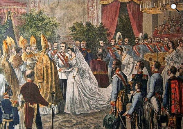 Ferenc József osztrák császár és Wittelsbach Erzsébet, Sisi esküvői szertartása, 1854 (Fotó: Wiener Zeitung/Wikimedia Commons)
