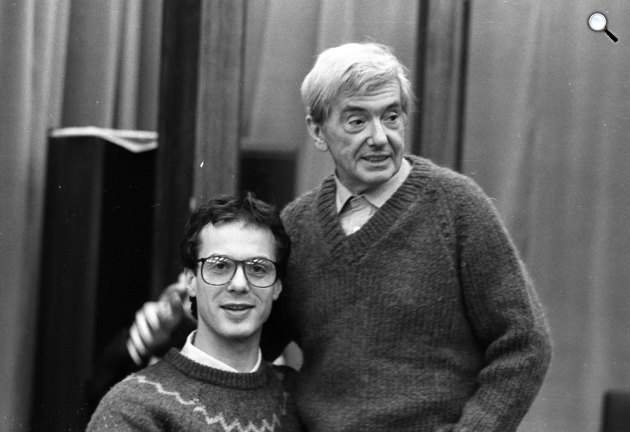 Hirtling István és Gábor Miklós színművészek a Magyar Rádióban, 1984 (Fotó: Szalay Zoltán/Fortepan)