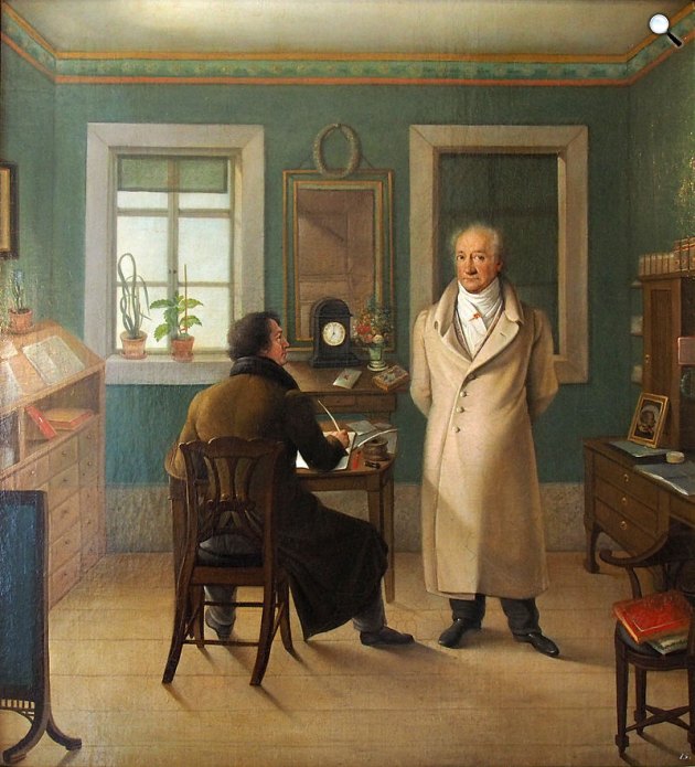 Johann Josef Schmeller: Goethe a dolgozószobájában diktál az írnok Johnnak, 1834 (Fotó: Weimar Anna Amalia Bibliothek)
