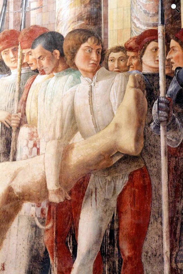 Andrea Mantegna: feltehetően Janus Pannonius (1434-1472) költő, humanista, római katolikus pap, A padovai Eremitani-kápolnában Mantegna Szent Kristóf-legendáját ábrázoló freskójának részlete (Fotó: https: wga.hu/Wikimédia)