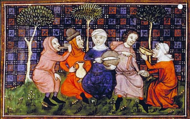 Kenyeret törő parasztok és emberek (Fotó: Modus király könyve és a királyné aranya, 14. szd./Paris, National Library)