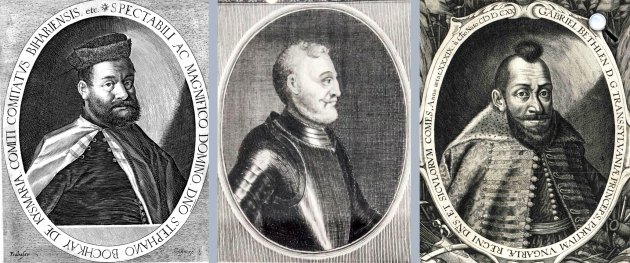 Bocskai István (1557-1606) erdélyi fejedelem (1505-1606) - Báthory Gábor erdélyi fejedelem (1608-1613) - Bethlen Gábor (1850-1629) erdélyi fejedelem (1613–1629), megválasztott magyar király (1620–1621) (Fotók: OSZK)