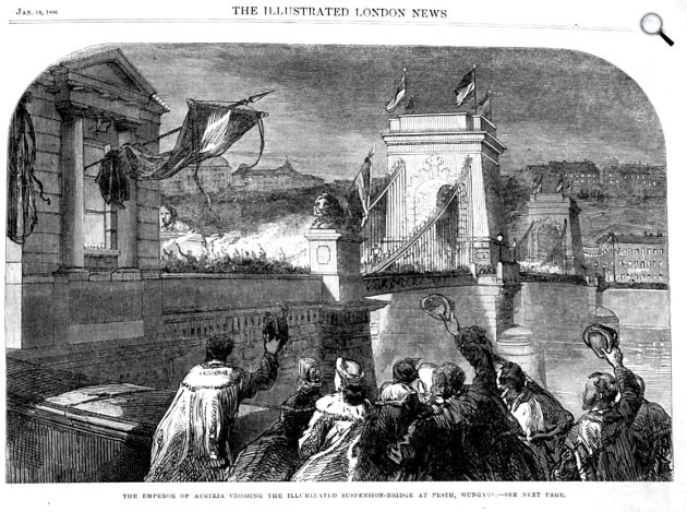 A fáklyákkal kivilágított Lánchíd Ferenc József császár 1866-os látogatásakor, 1866 (Fotó: illusztráció a The Illustrated London Newsban/Wikimedia)