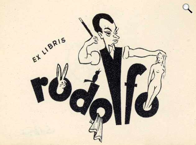 Rodolfo (született Gross Rezső, 1911–1987) a világhírű bűvész hivatása ismertetőjegyeként bűvészpálcával, bűvészkedés közben látható a nevére szóló könyvjegyen (Fotó: MNMKK OSZK)