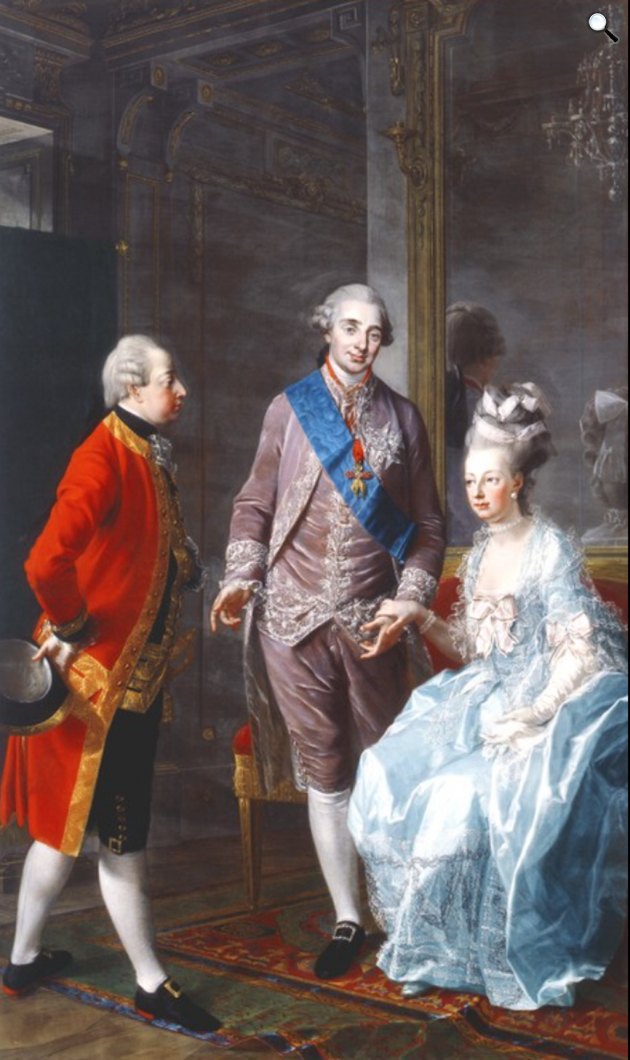 Josef Hauzinger: Miksa Ferenc főherceg találkozik nővérével, Mária Antóniával (jobbra) és sógorával, XVI. Lajossal 1775. február 7-én, 1776 (Fotó: Wikimedia)