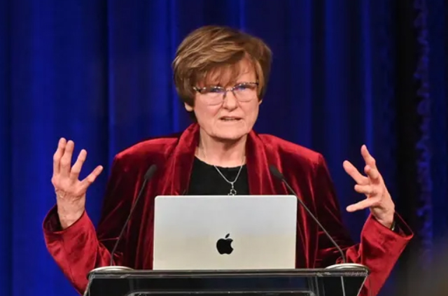 Karikó Katalin Nobel-díjas kutatóbiológus, a Magyar Tudományos Akadémia (MTA) tiszteleti tagja székfoglaló előadásán, 2023 (Fotó: MTI/Bruzák Noémi)