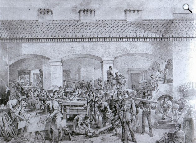 Turóczy Mózes ágyúöntő műhelye Kézdivásárhelyen, előtérben Turóczy Mózes és Gábor Áron, 1849 (Fotó: Kollarz Ferenc/Gondai/Magyar Országos Levéltár)