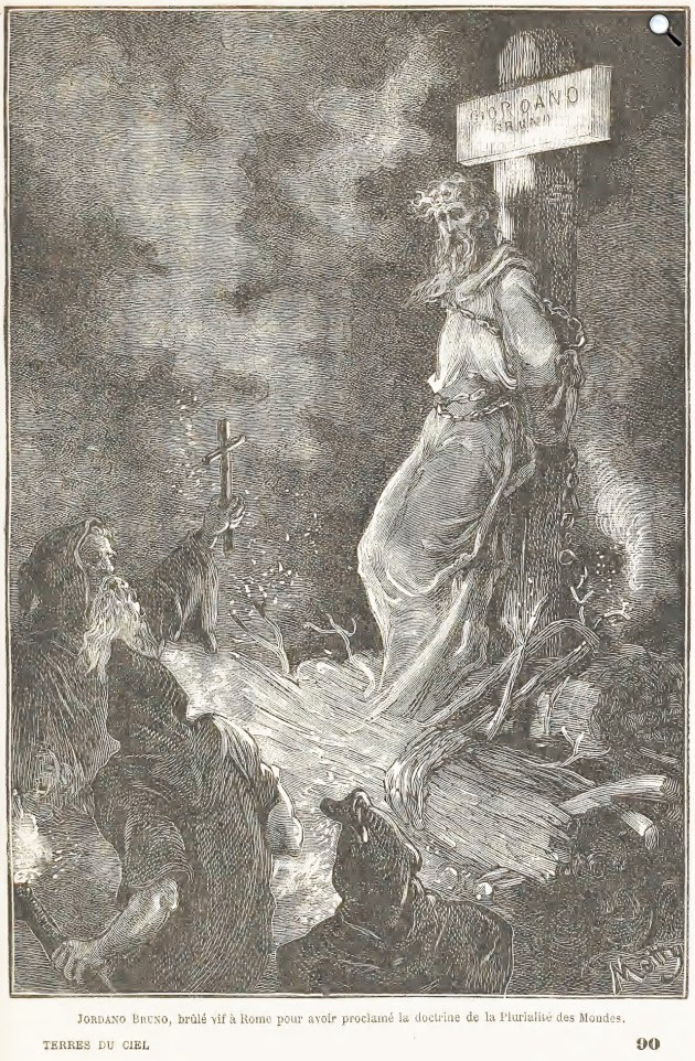 Camille Flammarion: Giordano Bruno (1648-1600) itáliai domonkos szerzetes, filozófus, csillagász, matematikus, költő és hermetikus okkultista; a késő reneszánsz egyik kiemelkedő alakja a máglyán ég Róma piacterén (Fotó: library.si.edu/Wikimedia)