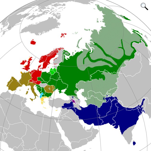 Az indoeurópai nyelvcsalád ágai: Albán, Örmény, Balti-szláv – balti, Balti-szláv – szláv, Kelta, Germán, Görög, Indoiráni, Újlatin, Nem indoeurópai nyelvek (Fotó: Wikiimedia)