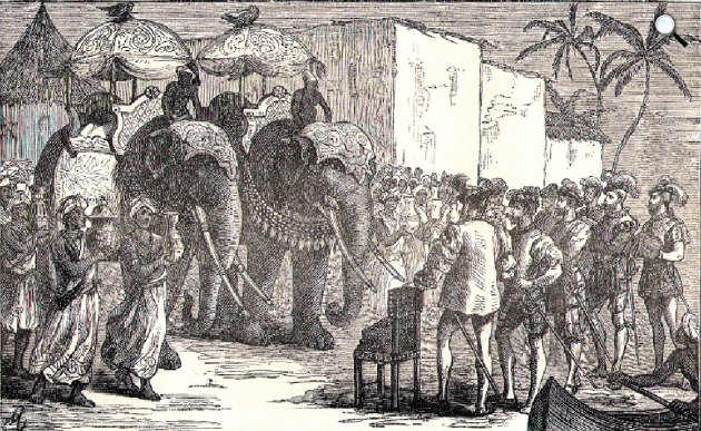 Brunei szultán egy elefánton lovagolva (balra) találkozik Magellánnal és a legénységgel, 1879 (Fotó: George M. Towle, Lee és Shepard) 