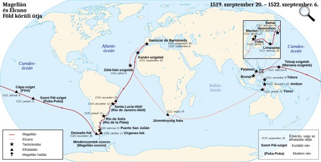 Magellán föld körüli útjának megtett útvonala (Fotó: Wikimedia)