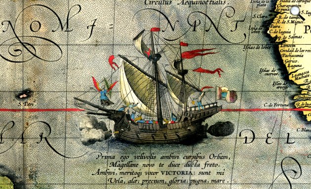 A Victoria volt az egyetlen hajó, amely teljesítette a körülhajózást. Részlet Abraham Ortelius világtérképéről, Antwerpen, 1570, részlet Ortelius térképéről (Fotó: Wikimedia)