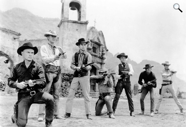 A hét mesterlövész - Yul Brynner, Steve McQueen, Horst Buchholz, Charles Bronson, Robert Vaughn, Brad Dexter és James Coburn, 1960 (Fotó: Wikimedia)