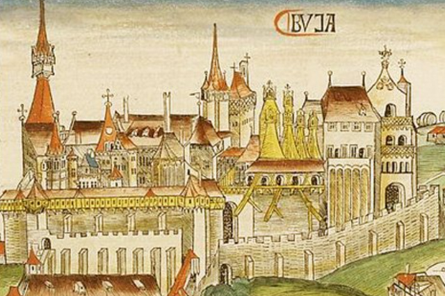 Buda, Hartmann Schedel nürnbergi krónikájában, 1493 (Fotó: MEK.OSZK)