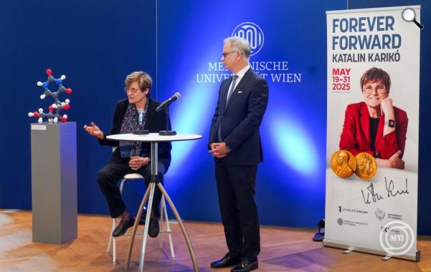 Karikó Katalin Nobel-díjas biokémikus, a Szegedi Tudományegyetem (SZTE) professzora életéről és kutatásairól szóló, Forever Forward (Örökké előre) című kiállítás részlete a Josephinumban, a Bécsi Orvostörténeti Múzeumban, 2025 (Fotó: MTI/Filep István)