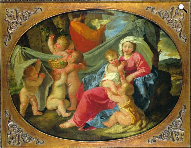 Nicolas Poussin: Pihenő Szent Család a gyermek Keresztelő Szent Jánossal és angyalokkal, 1627 (Fotó: Szépművészeti Múzeum)