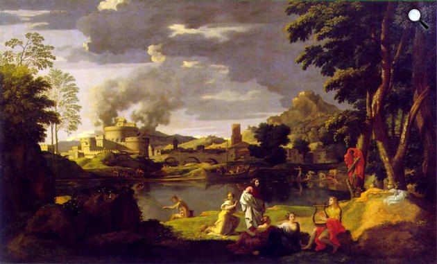 Nicolas Poussin: Tájkép Orpheusszal és Euridikéval, 1650-1651 (Fotó: Wikimedia)