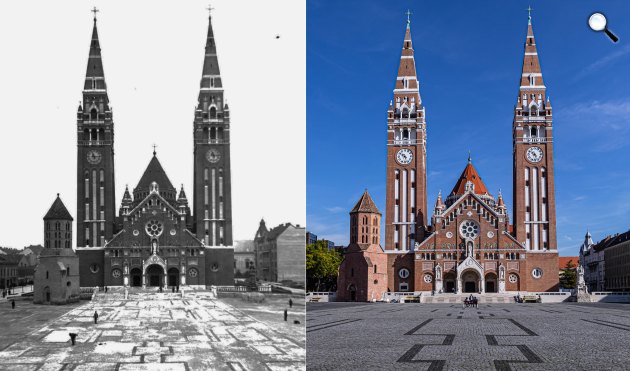 Szeged - Szegedi dóm 1947-ben és 2025-ben (Fotók: Fortepan/Kozma János - Visit Hungary)