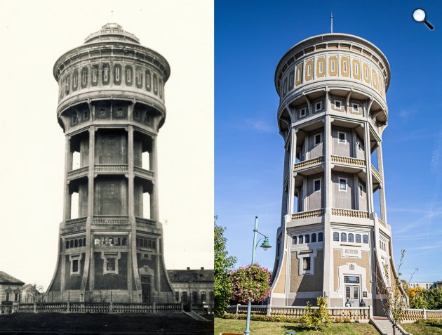 Szeged - Szegedi-viztorony 1940-ben és 2025-ben (Fotók: Fortepan/Kiss Zsuzsanna - Visit Hungary)
