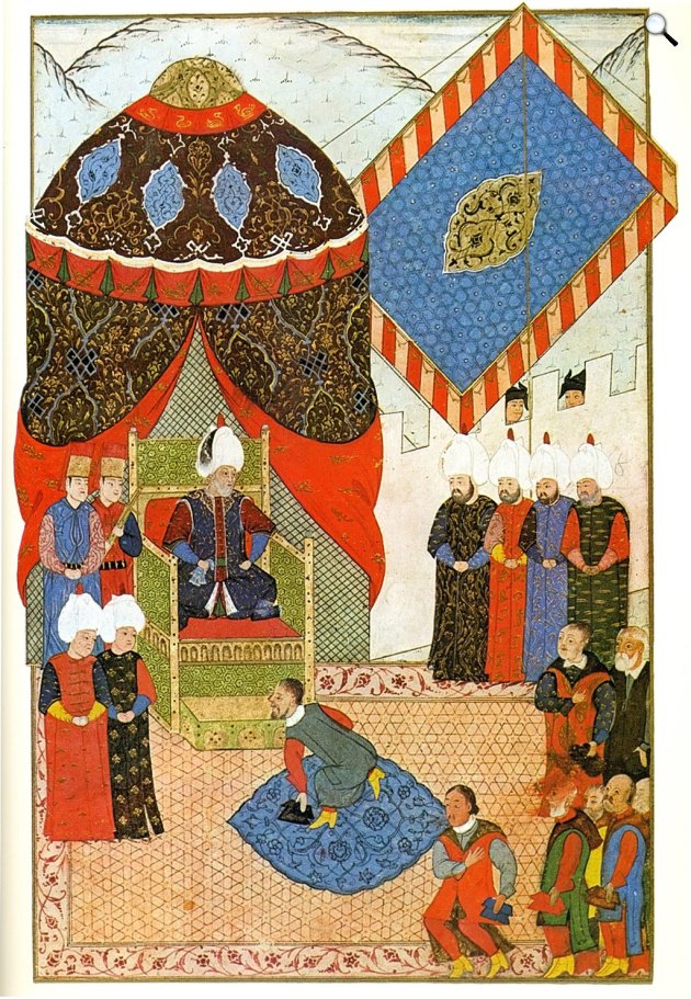 I. Szulejmán és János Zsigmond találkozója Zimonyban (ma Zemun), 1566 (Fotó: Topkapi-palota/A török miniatúrák/Wikimedia)